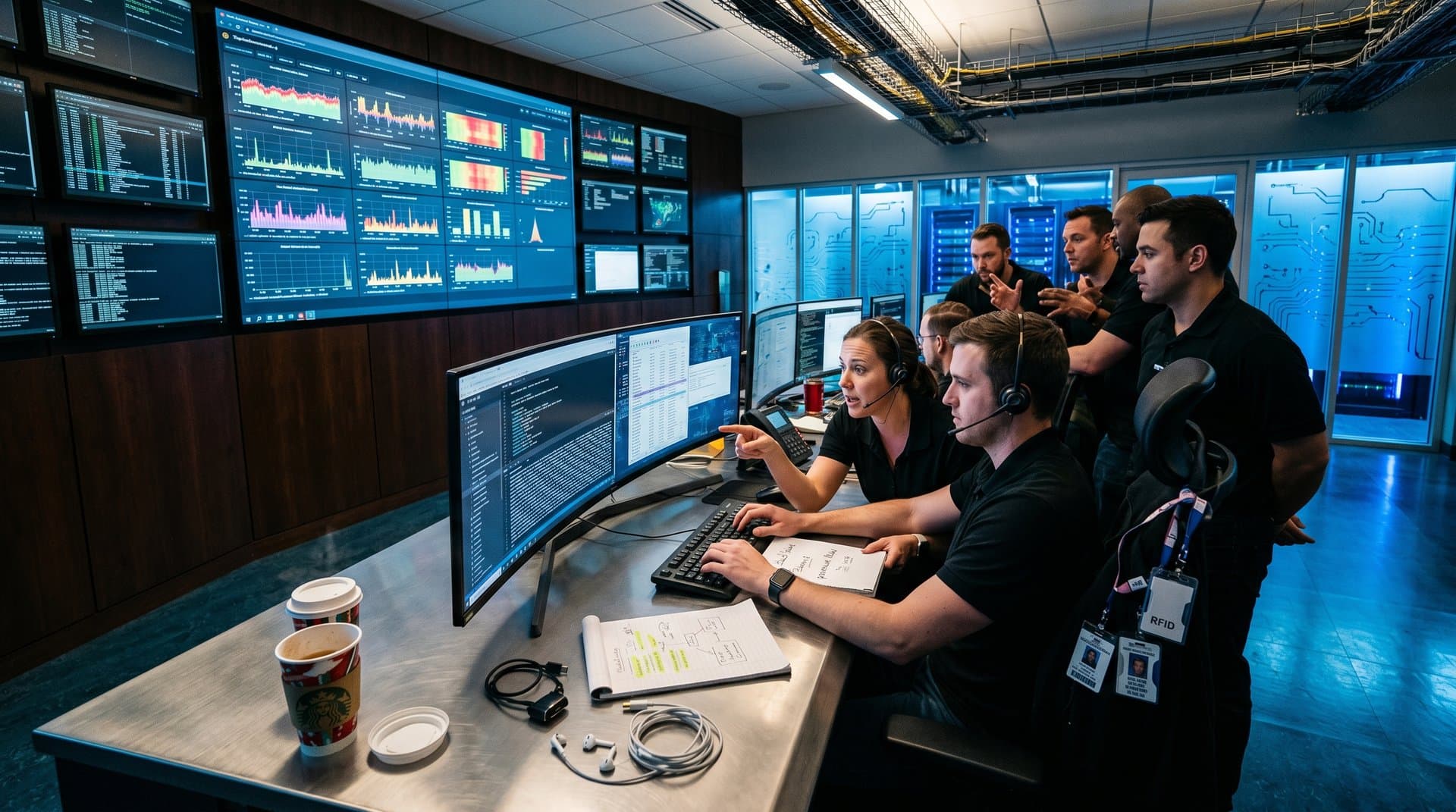 Cybersecurity SOC monitors display Edge browser memory dumps with plain text passwords, process trees, and threat feeds amid glowing server racks