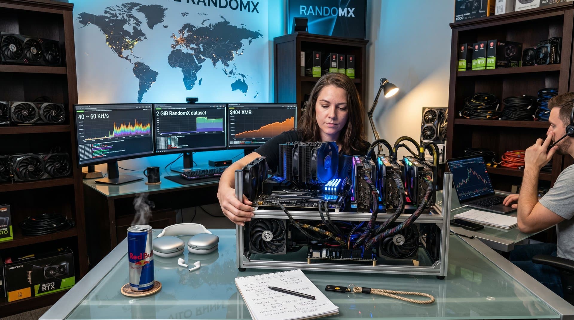 PC mining rigs with Ryzen CPUs and DDR5 RAM displaying Monero RandomX hash rates in data center