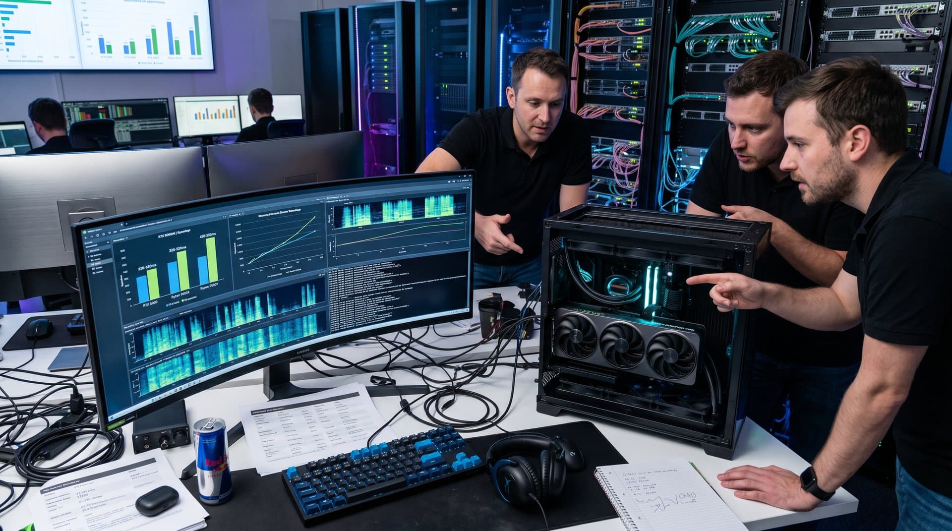 RTX 5090 gaming PC displays 343ms OpenAI low-latency voice AI benchmarks in high-tech lab with glowing components
