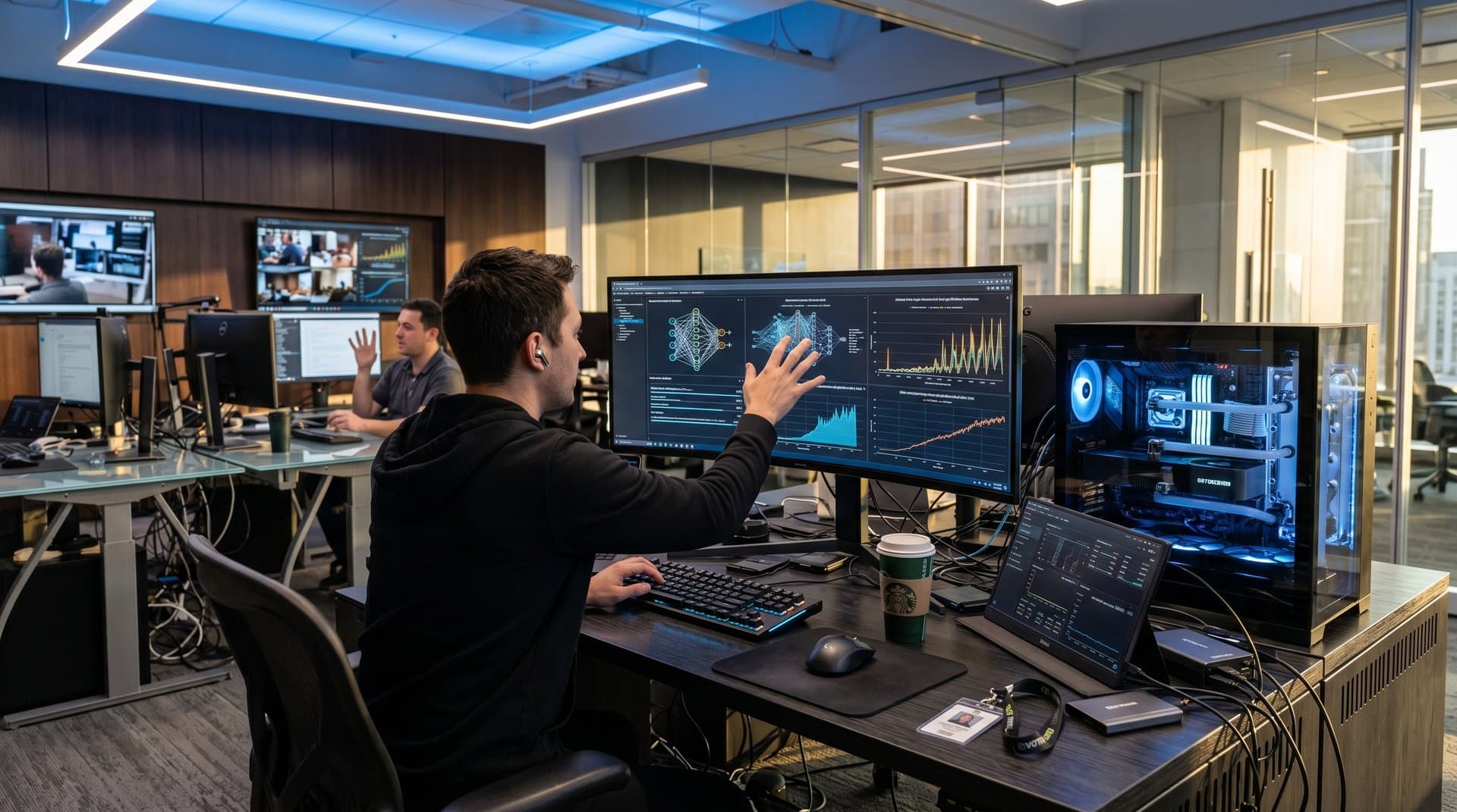 High-end PC rig with RTX 5090 GPU and multi-monitor setup showing AI product search benchmarks and latency charts