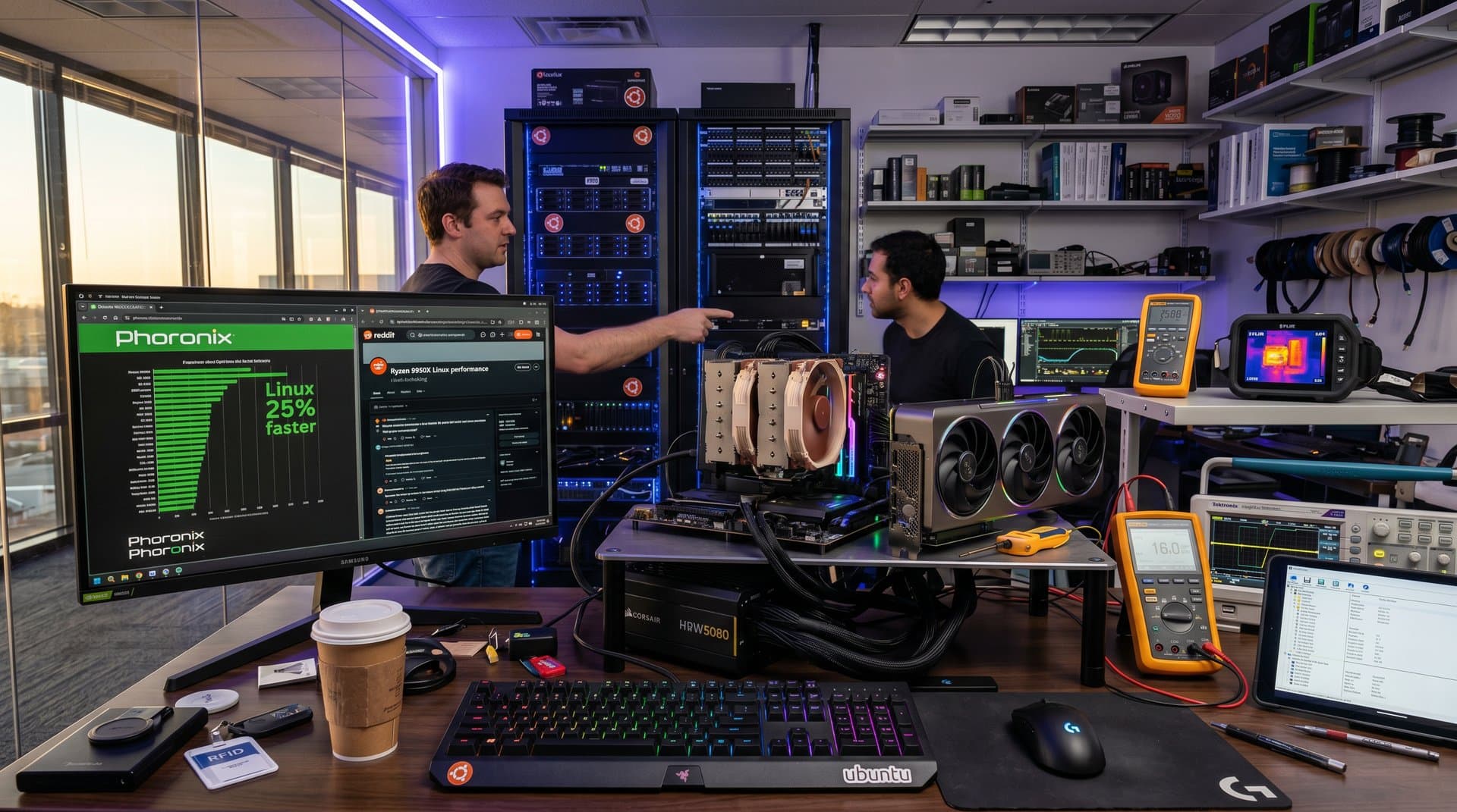 PC test bench with Ryzen RTX rig, triple monitors showing Linux Windows macOS benchmarks, RGB components, no people