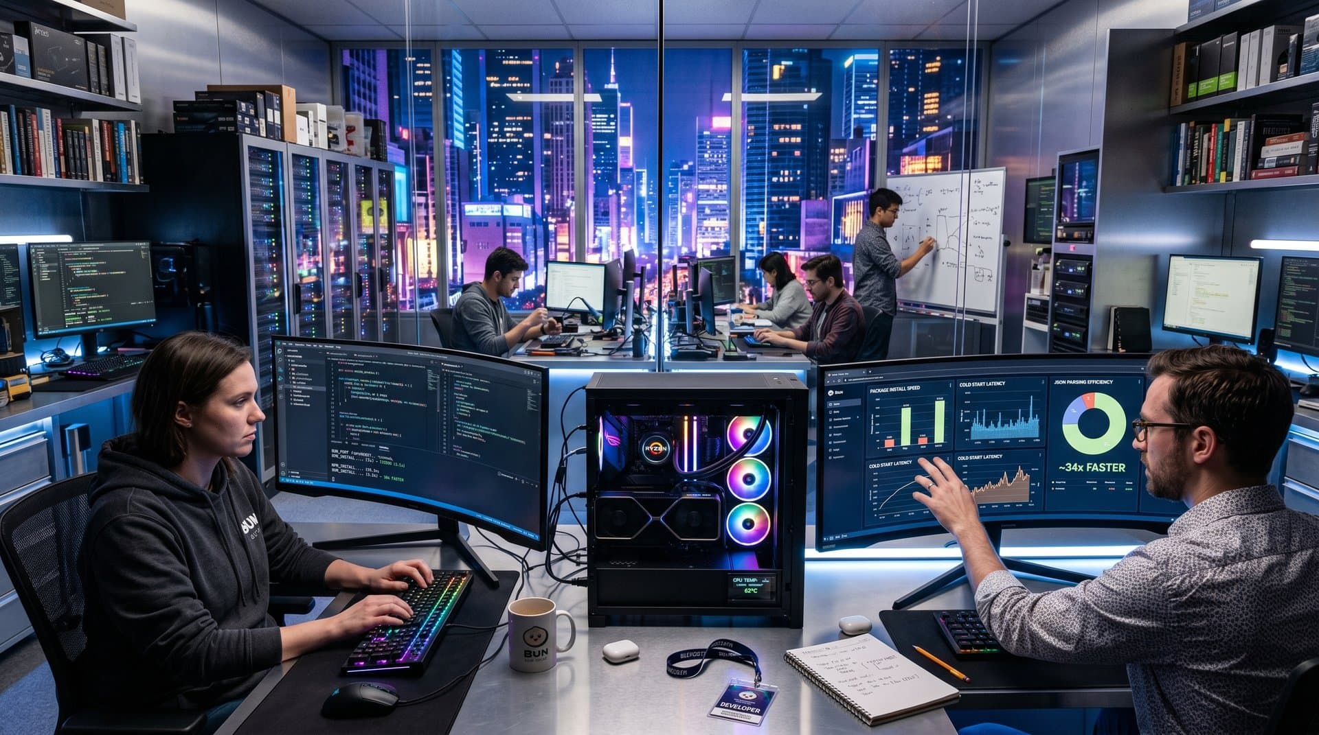 PC dev setup with Bun Rust port benchmarks on monitors, gaming hardware, and code displays