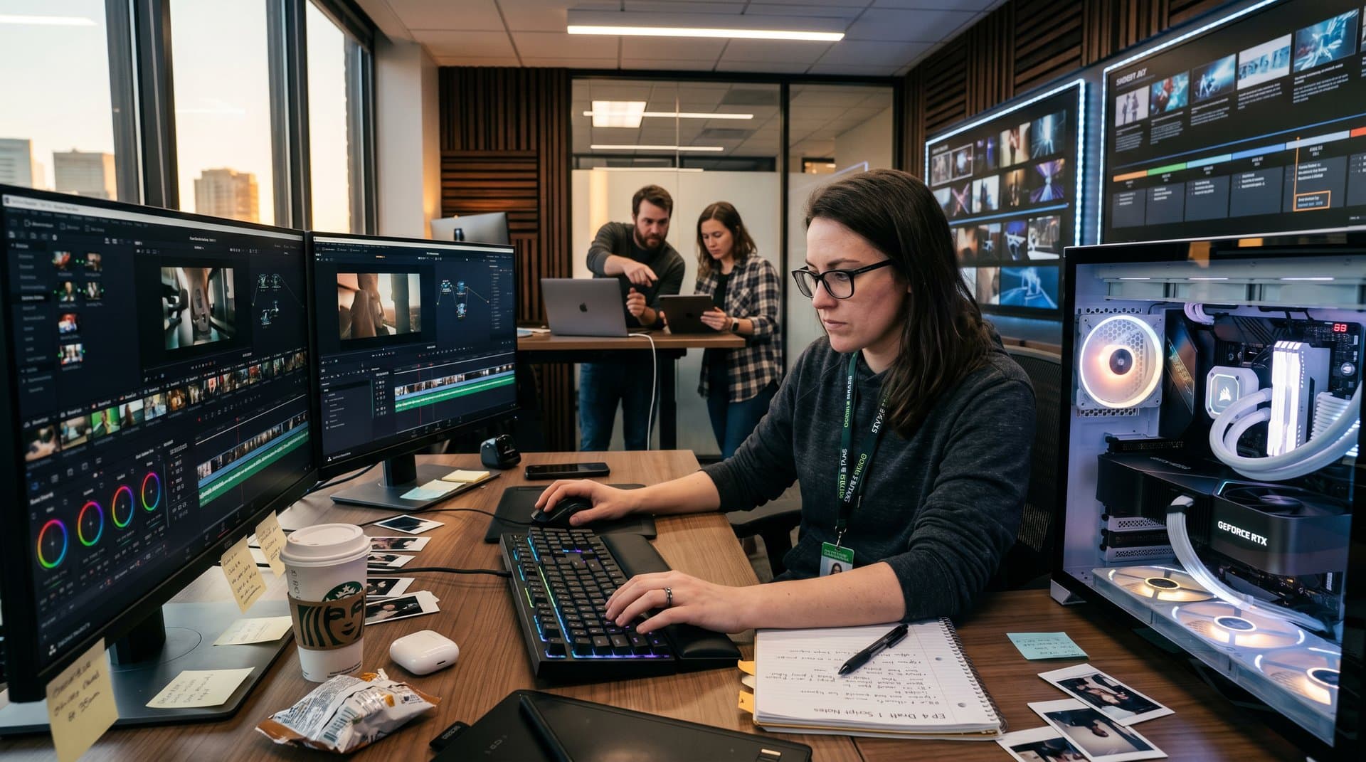 High-end GPU-heavy PC workstation for AI video editing with RTX 4090 and DaVinci Resolve on dual monitors