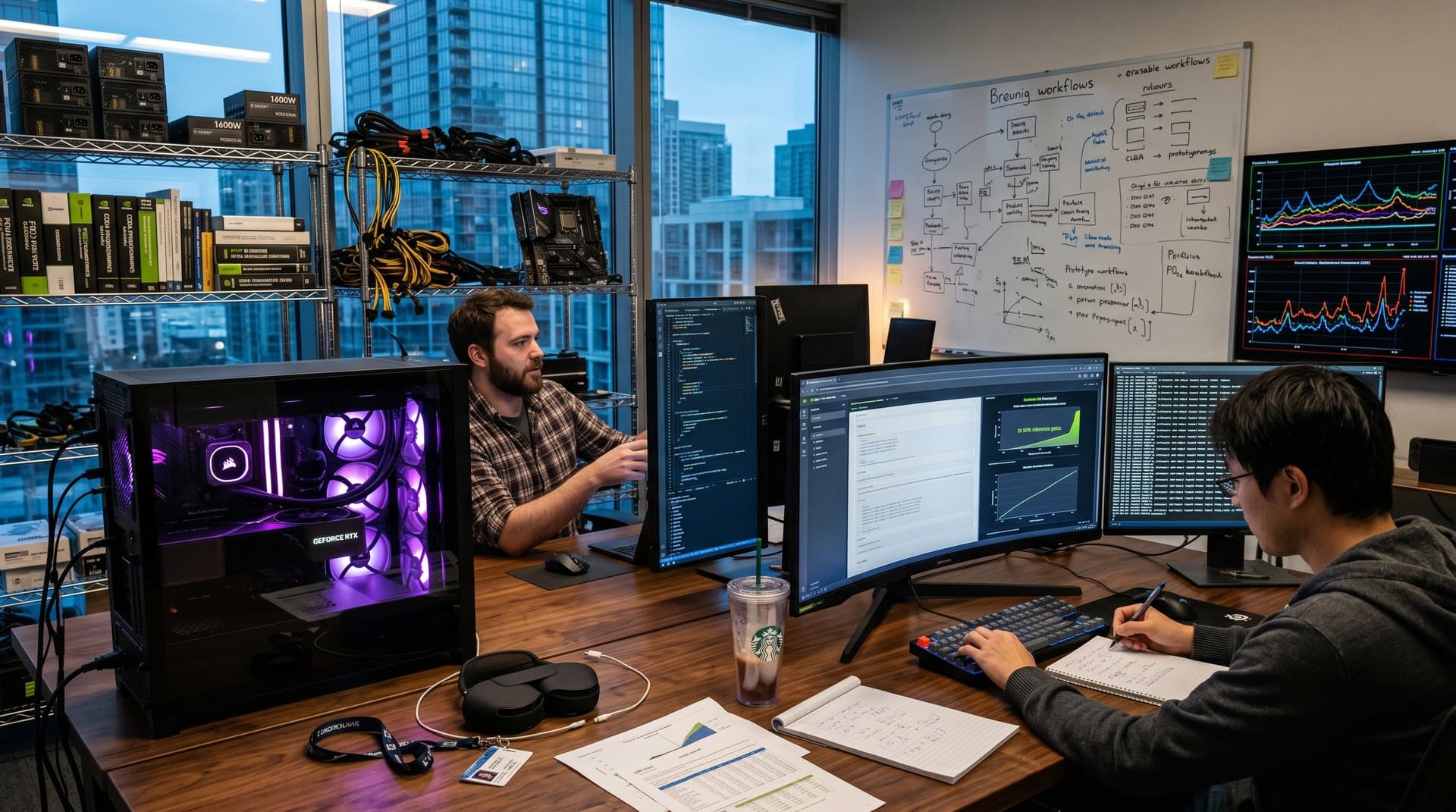 Custom GPU PC workstation in high-tech lab, monitors displaying agentic code and logs amid advanced hardware setup