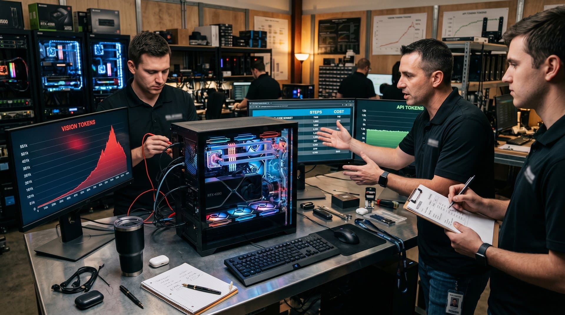 PC test bench displays computer use vs API agent benchmarks on triple monitors with GPU and cooling rig