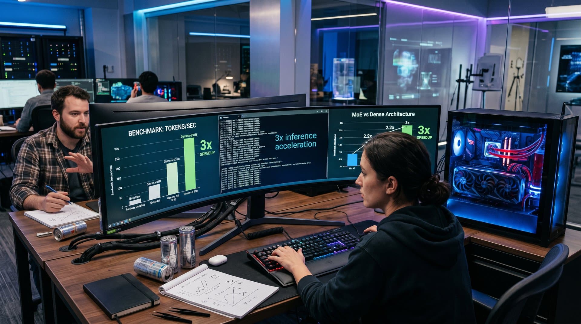 High-end PC rig with RTX 4090 GPU running Gemma 4 inference speedup benchmarks and graphs