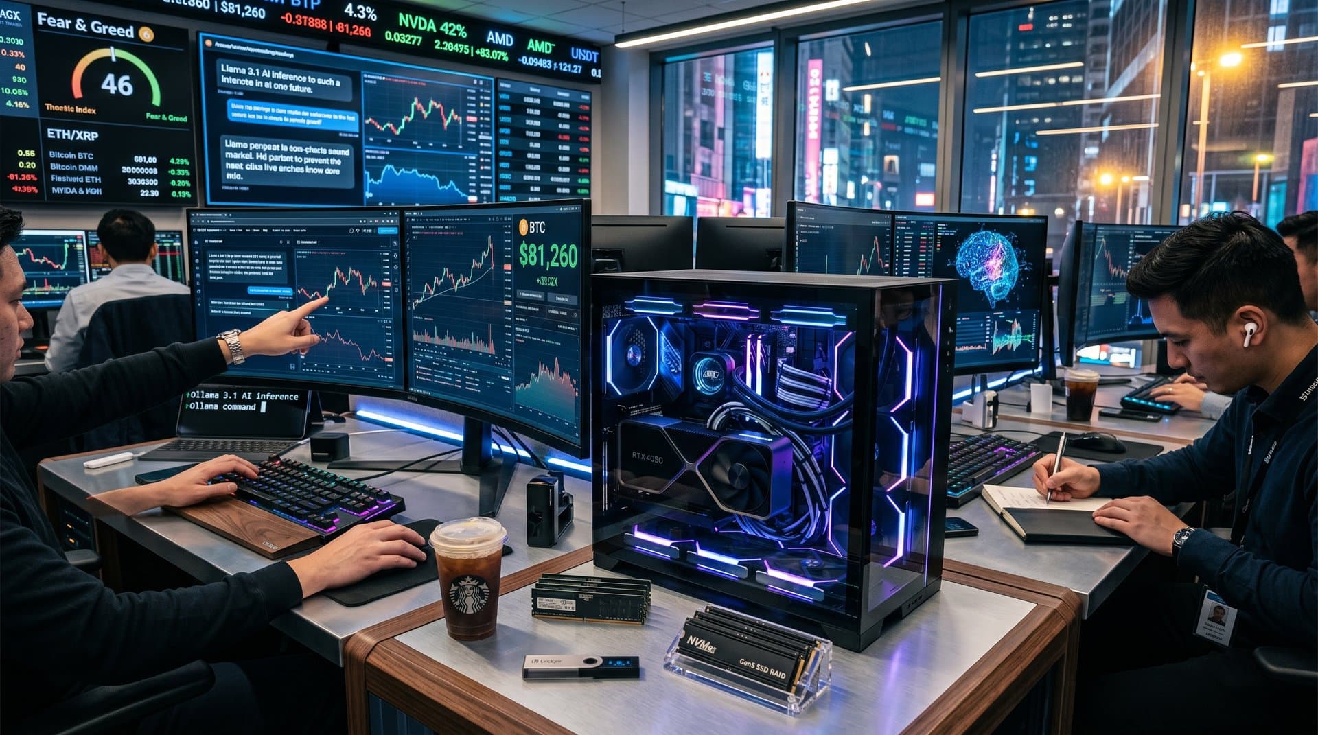 High-end PC with RTX 4090 GPU, AI inference and crypto charts on monitors in fintech setup