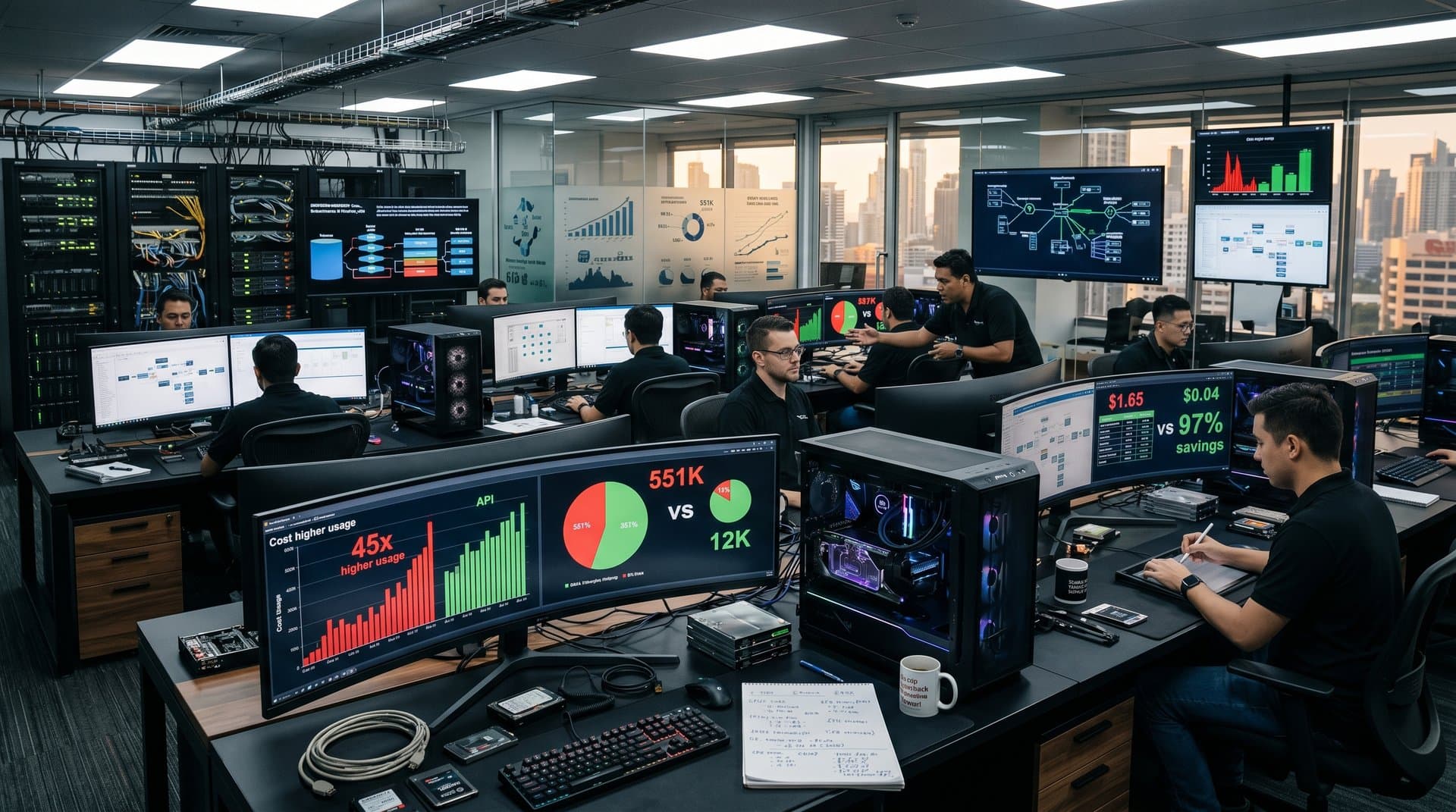 Enterprise IT lab with PC workstations displaying AI agent cost benchmarks and hardware optimizations