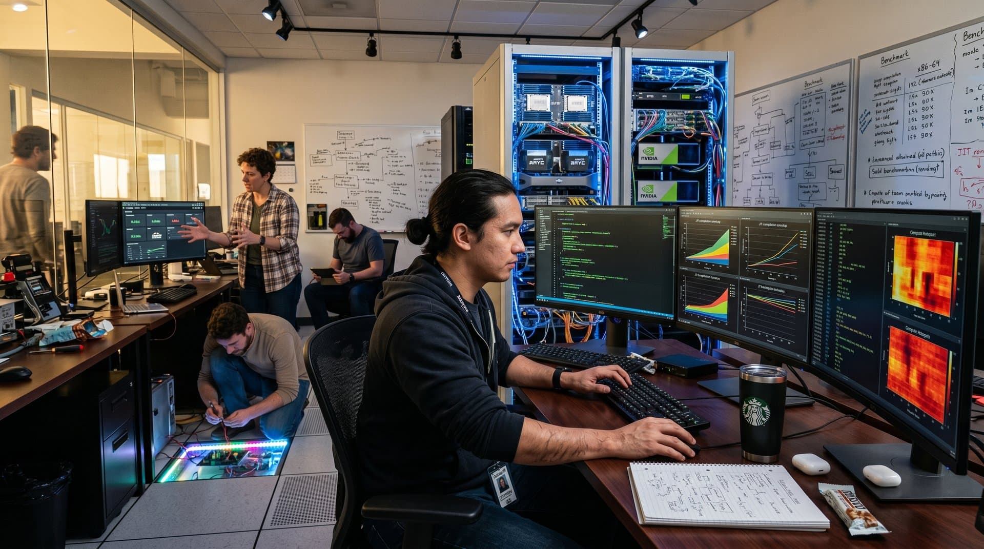 PC workstation with monitors showing JIT C code and benchmarks, server racks, and IT engineer tools