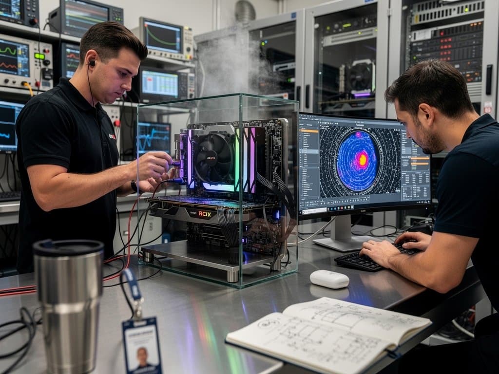 PC test bench with Ryzen 9000 CPU, RTX 50 GPU, and Windows patch diagnostics in cyberpunk lab style