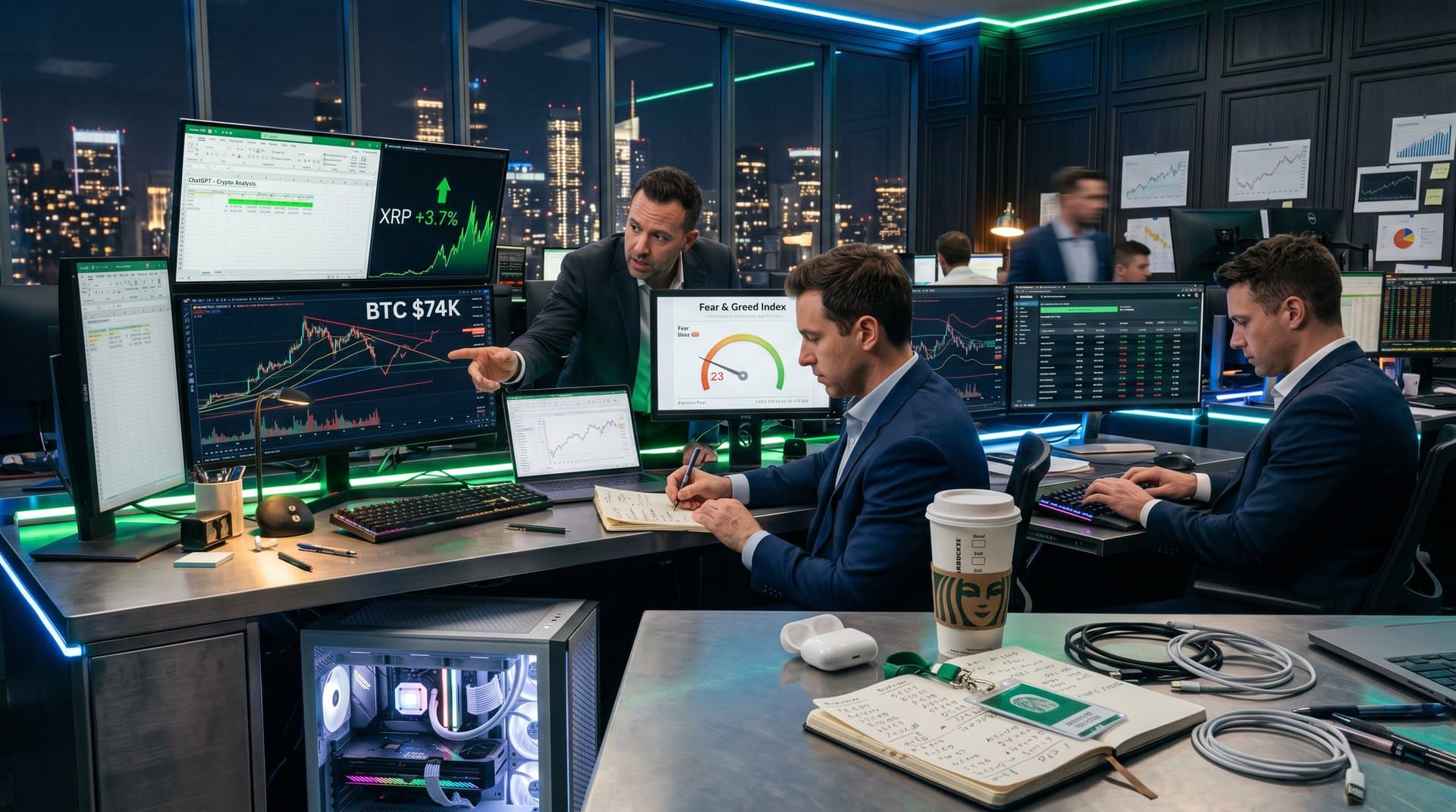 Trading setup with ChatGPT Excel analyzing BTC $74K, XRP gains, Fear & Greed 23 on Ryzen PC hardware