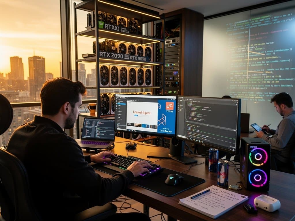 PC dev rig displays Laravel agent ads, BTC charts on multi-monitor setup with hardware components