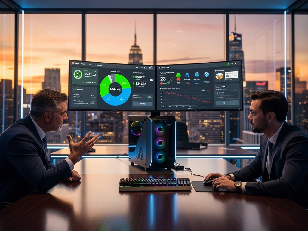 Advisors in modern office with PC monitors showing AI estate dashboards, crypto price charts, secure multi-monitor wealth management setups