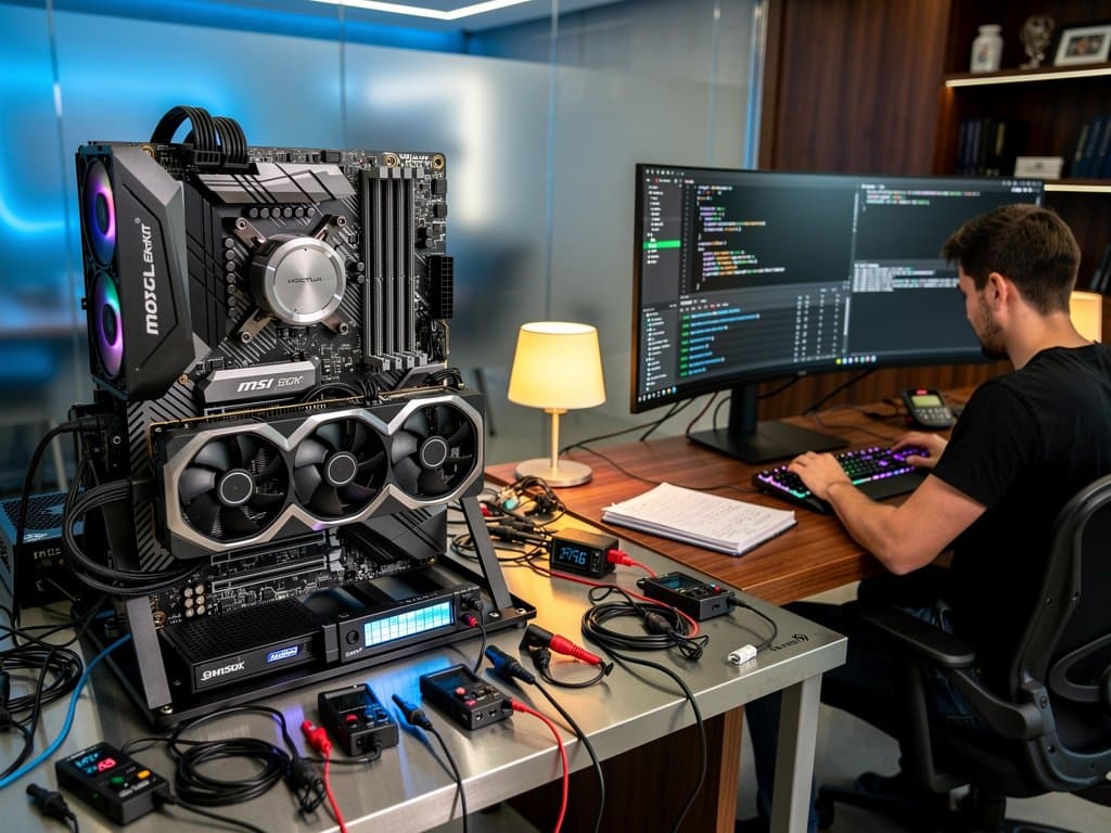 PC hardware lab with test bench, engineer reviewing API code on ultrawide monitor amid benchmarks and tools