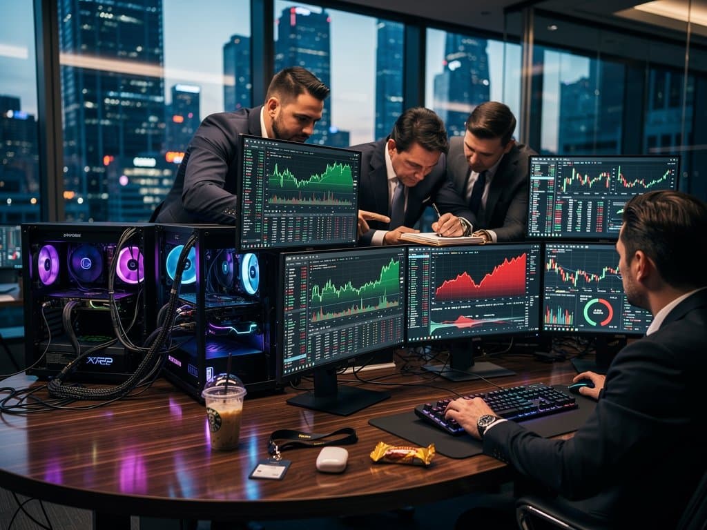 Multi-monitor trading setup displays top 10 cryptocurrencies charts including BTC at $74K and XRP surge on high-spec PC rigs with RTX GPUs