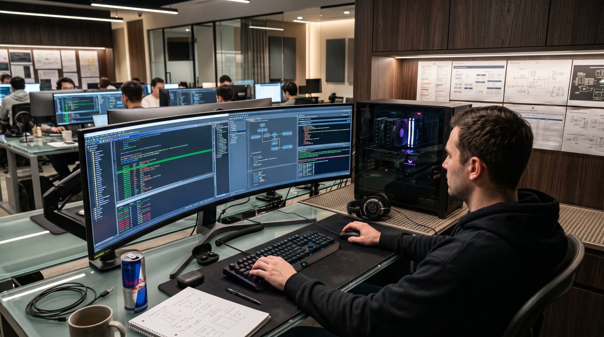 Custom PC rig with monitors showing code disassembly and API diagrams on enthusiast desk