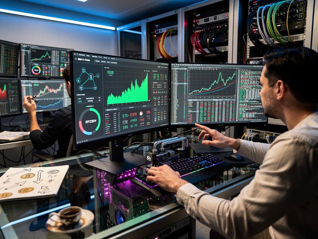 PC rig with Cloudflare AI dashboard showing BTC metrics amid edge server visuals