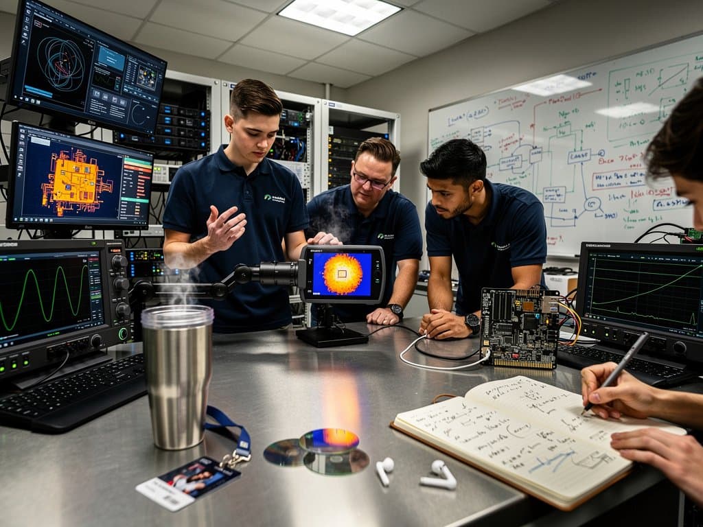 Prototype adaptable chips tested in modern ASU research lab with monitors, dev boards, and thermal imaging
