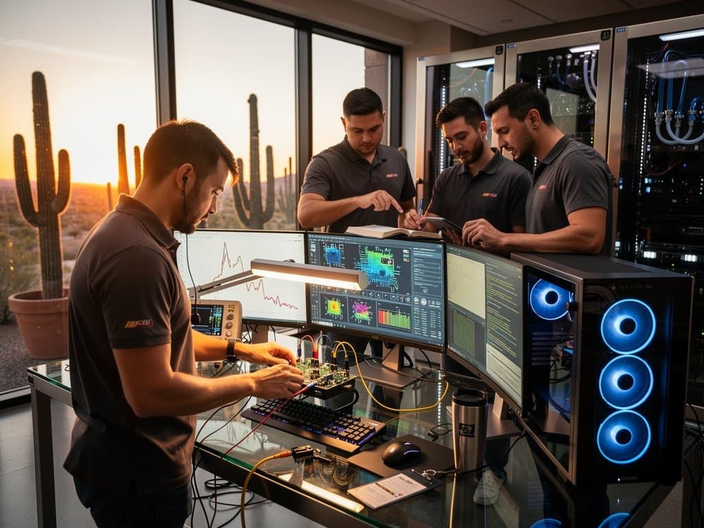 ASU lab workbench with adaptable AI chip prototype, PC tower, team monitors showing benchmarks and simulations
