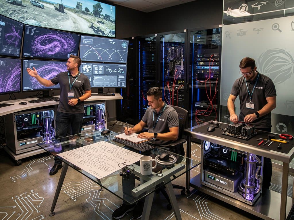 High-tech defense IT lab showcasing AI workstations with RTX 5090 GPUs and 96-core Threadripper CPUs running agentic simulations amid server racks and multi-monitor setups