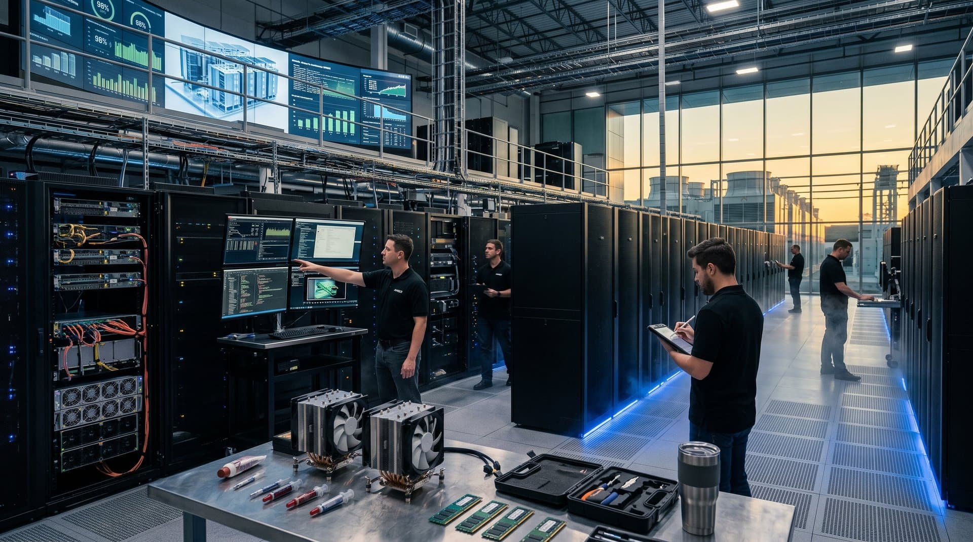 Engineer adjusts AI server rack in busy data center with glowing LEDs, video walls, and cooling floors amid tech consoles