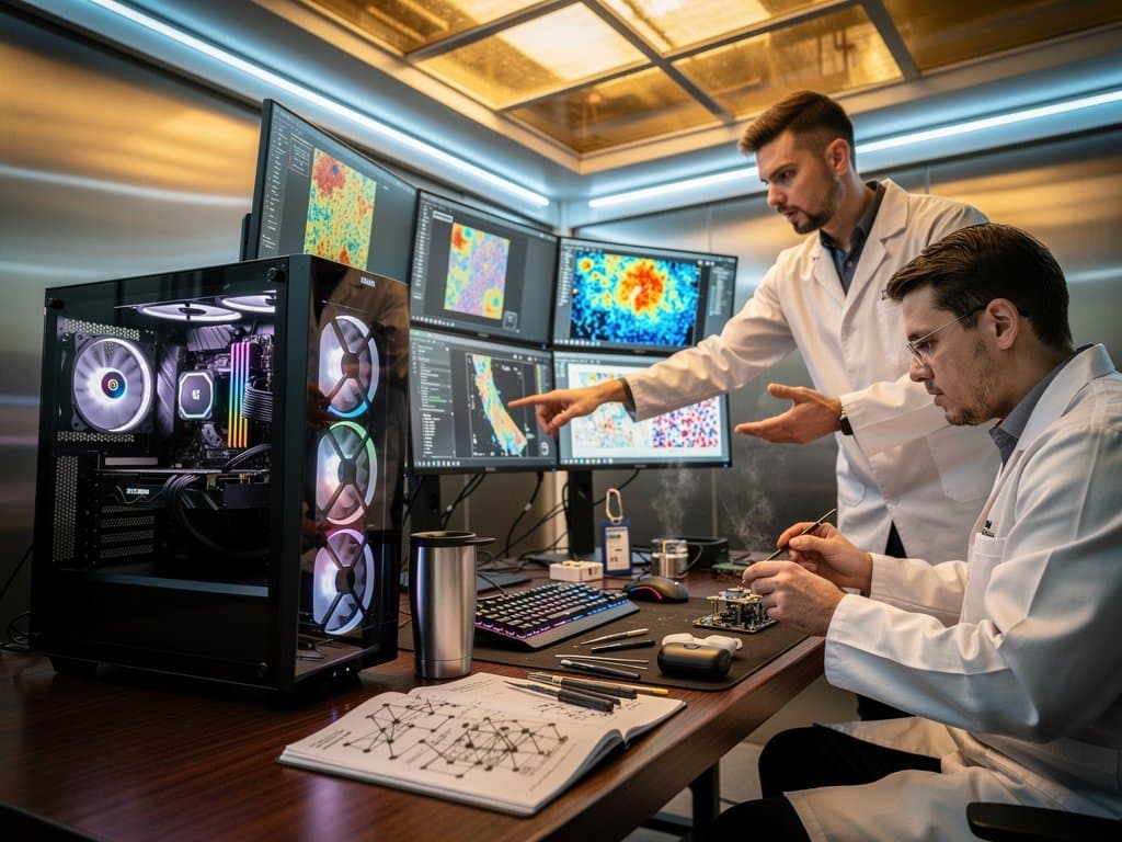 Engineers at multi-monitor workstations in NVIDIA lab run AI manufacturing simulations amid robotic models and server racks