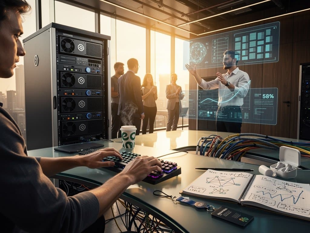 Modern AI lab showcasing AMD Instinct MI350X GPU server rack, benchmark displays, and PC hardware prototypes in innovative tech environment