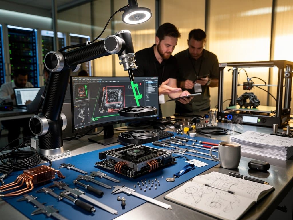 AI robotic arm disassembling GPU on workbench with precision tools and OpenCV monitor feeds in modern lab