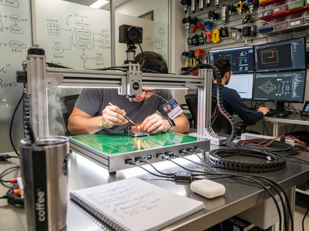 DIY AI-driven hardware hacker arm with PC webcam and CNC on workbench amid OpenCV monitors