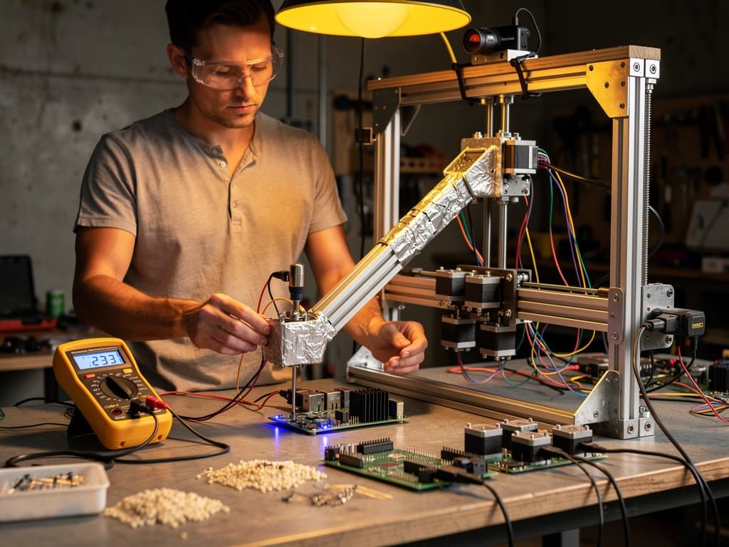 DIY robotic arm from CNC parts, duct tape, and PC webcam on garage workbench amid PC components and tools