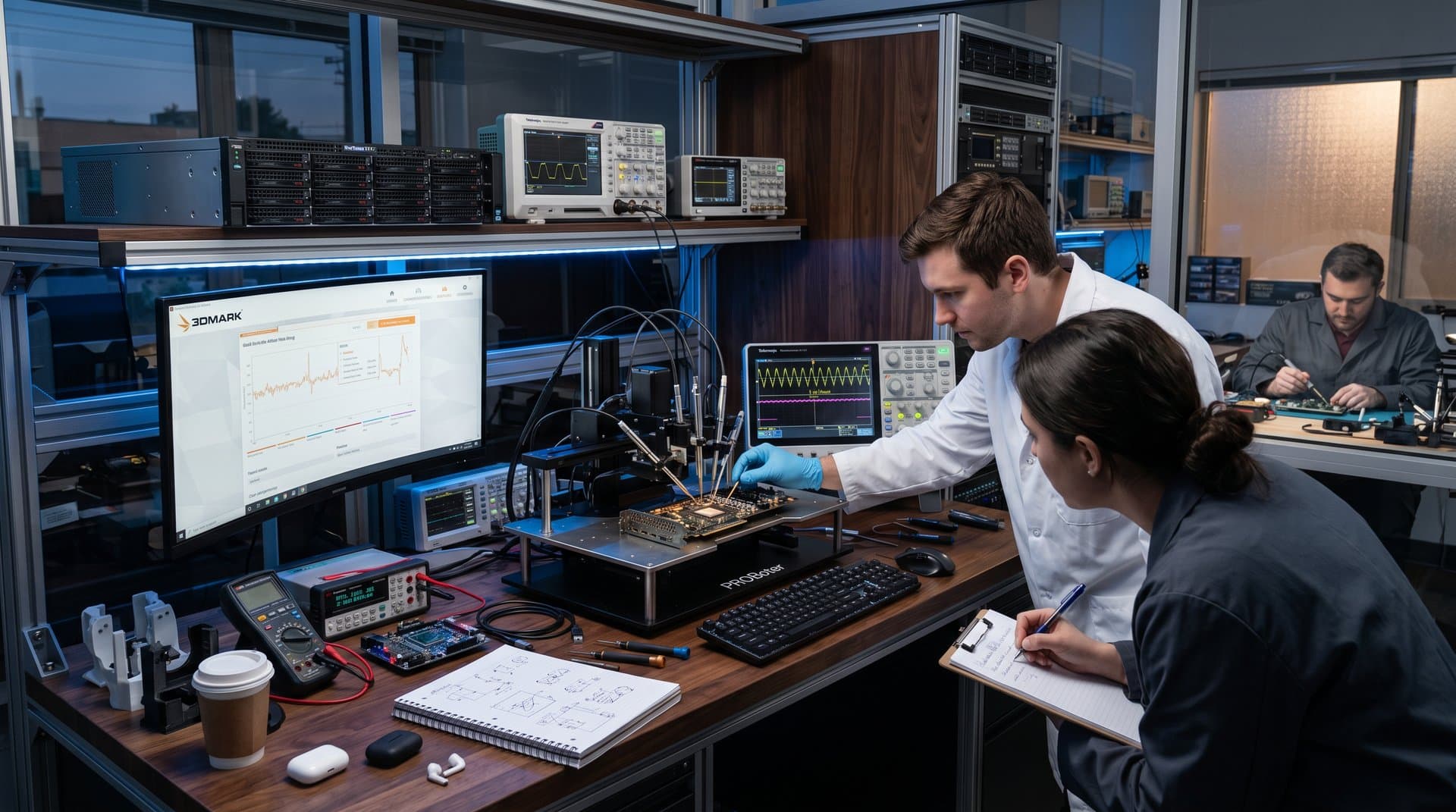 PROBoter 4-probe station tests RTX GPU PCB on PC diagnostics workbench with oscilloscope waveforms