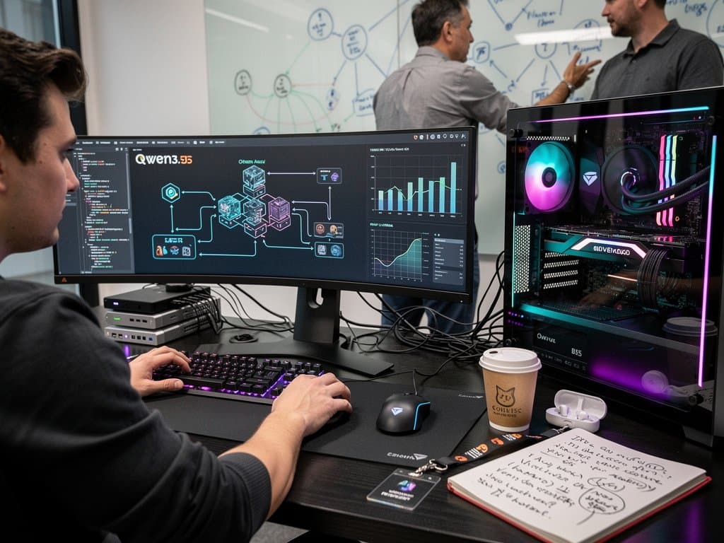 High-end PC rig with RTX GPUs running Qwen3.6-35B-A3B agentic AI coding interface on ultrawide monitor in cyberpunk setup