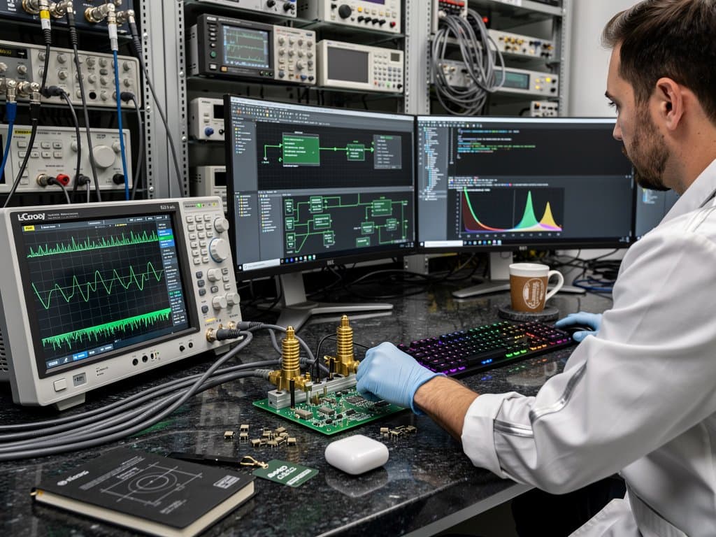 LeCroy oscilloscope displays waveforms from PCB prototype amid SPICE sim monitors and lab tools