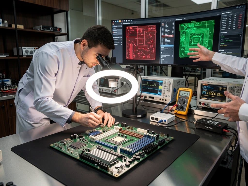 PC lab workbench with 32-layer motherboard under microscope and PROBoter AI analysis overlays on monitors