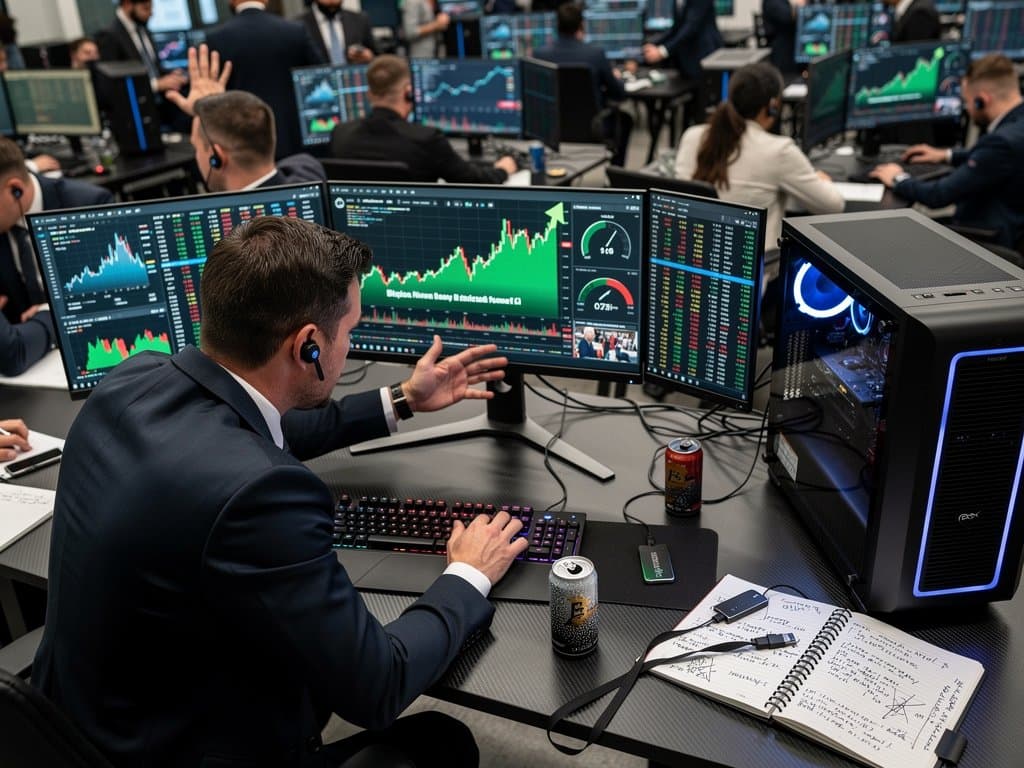 Gaming PC setup displays BTC $77,305, Fear 21 index, and Tennessee AI crackdown news on multi-monitor fintech desk