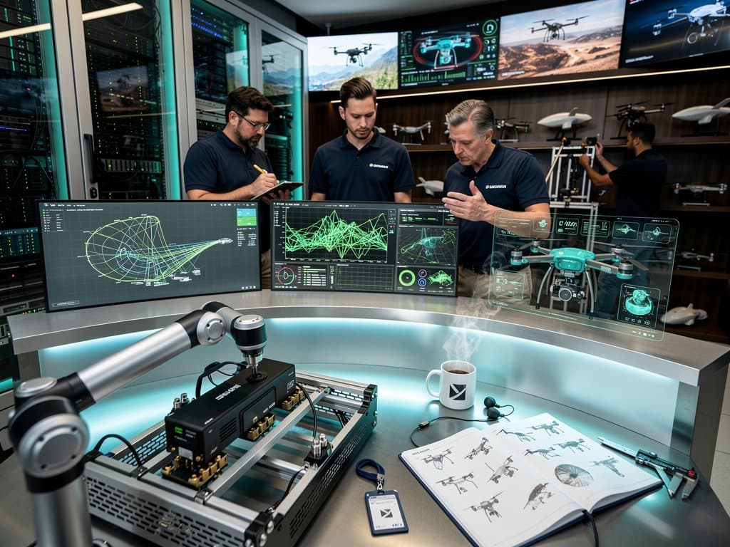 Engineers at multi-monitor stations monitor Talon IQ testbed drone telemetry and AI module swaps in Northrop Grumman lab