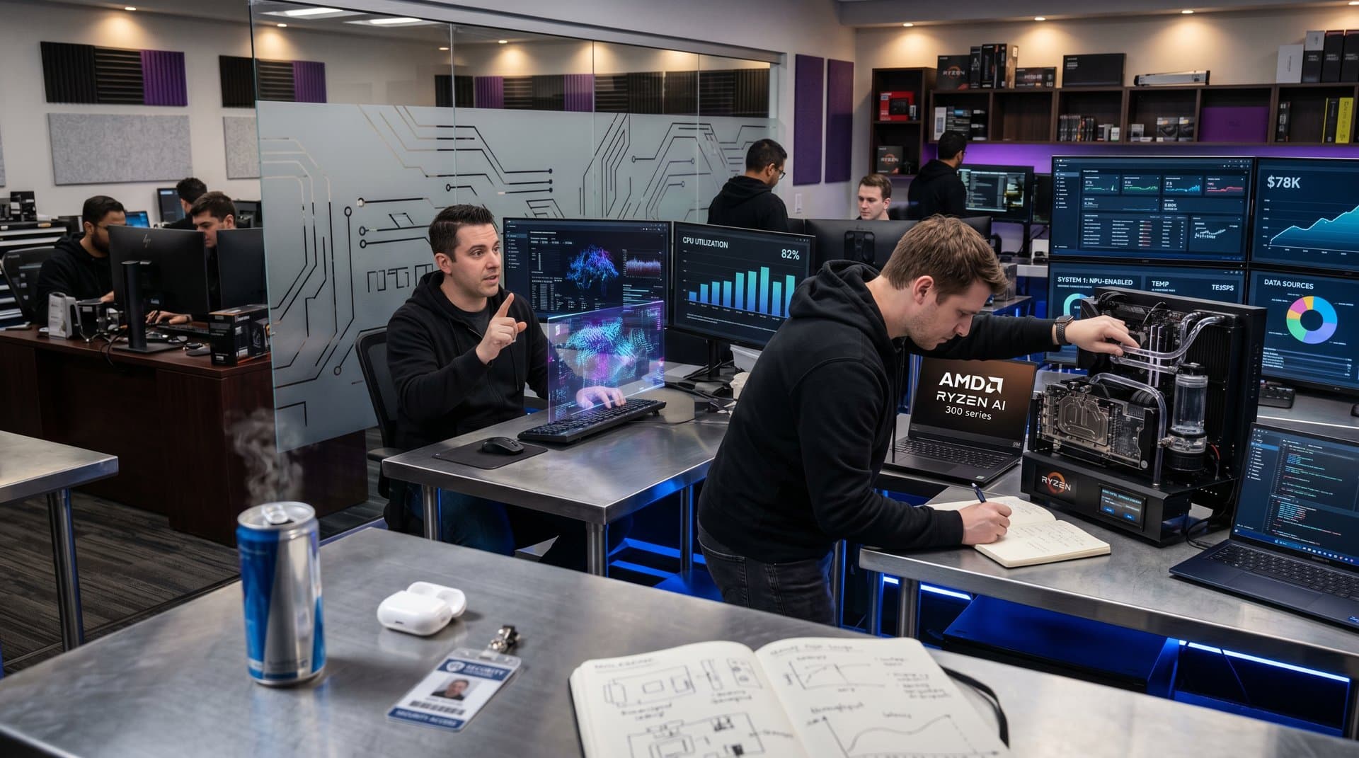 PC lab with AI hardware, cybersecurity dashboards, and BTC charts on multi-monitors