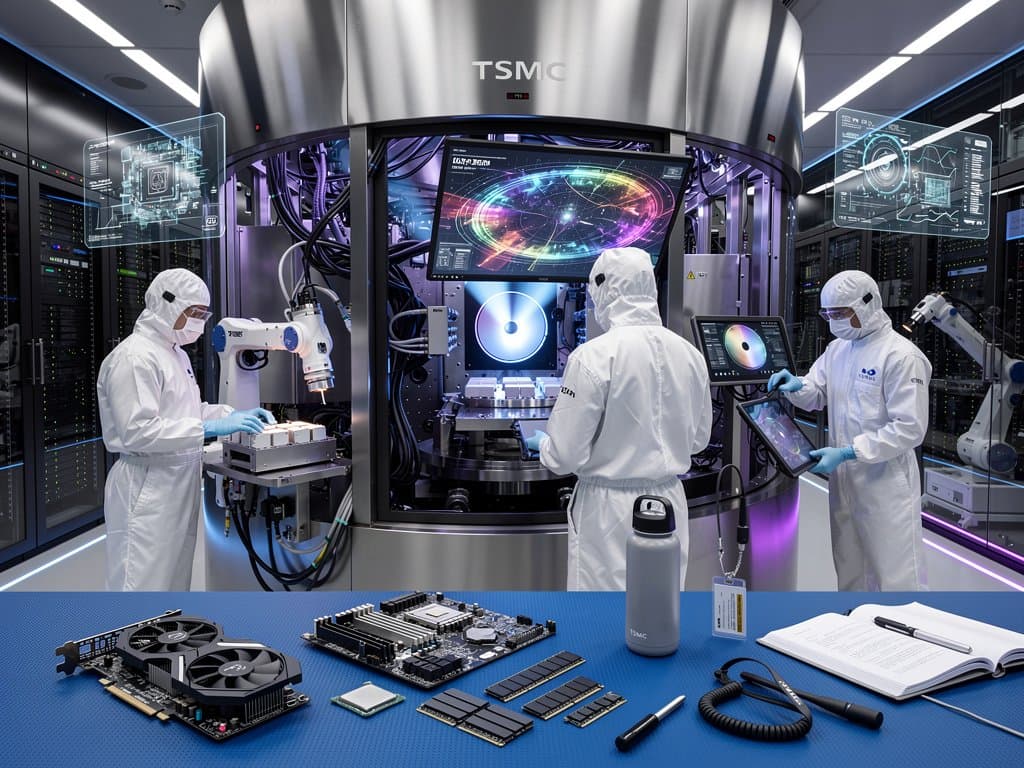 ASML EUV machine in cleanroom etching AI chips with PC GPU and CPU components foreground