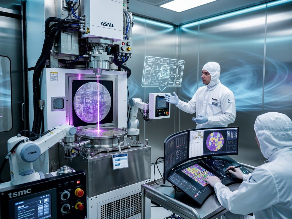 ASML high-NA EUV lithography machine etches silicon wafers in TSMC cleanroom for AI PC chip production