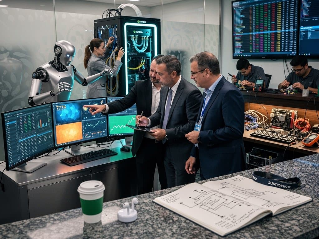 Humanoid robot demos PC management to hardware execs at lab consoles with monitors, servers, and crypto dashboards in sunlit space