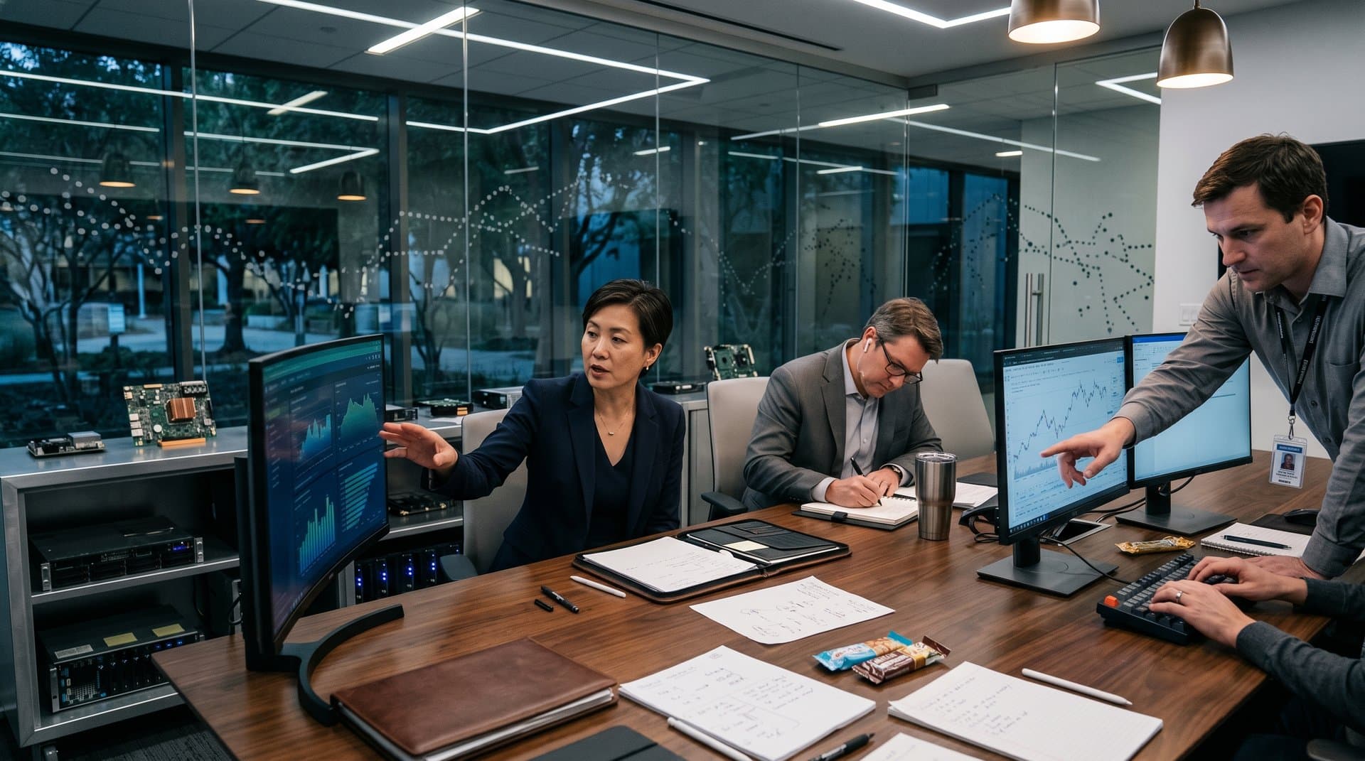 High-tech boardroom with monitors showing FEC charts, Nvidia items, and Silicon Valley view