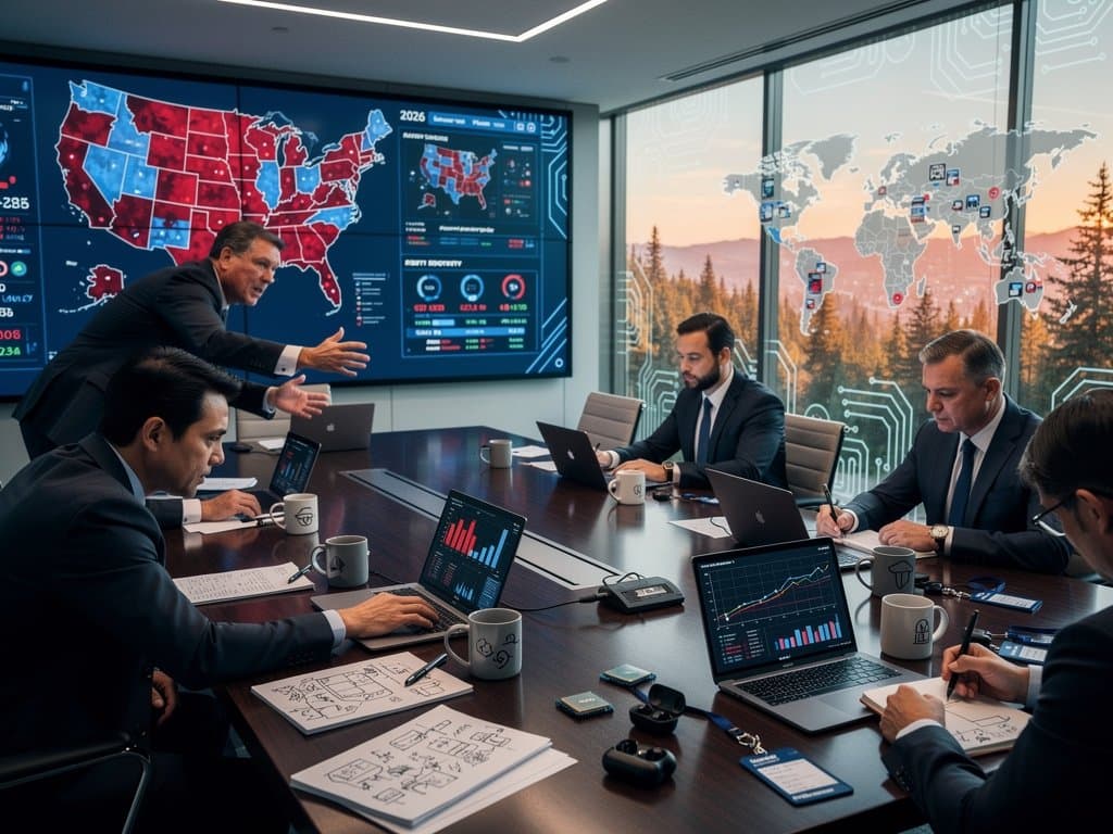 Boardroom screens show midterm maps and CHIPS charts amid PC hardware models and policy documents