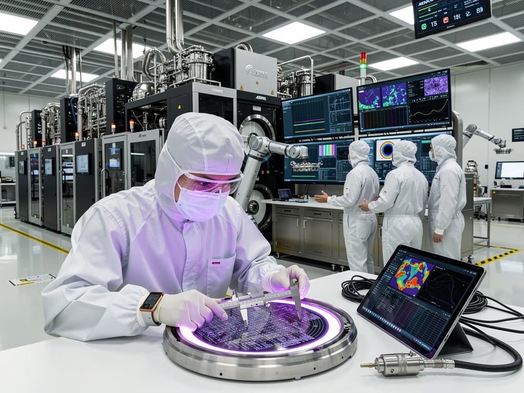 Engineers in cleanroom suits calibrate ASML High-NA EUV scanner amid wafer handlers and control consoles in TSMC 2nm fab