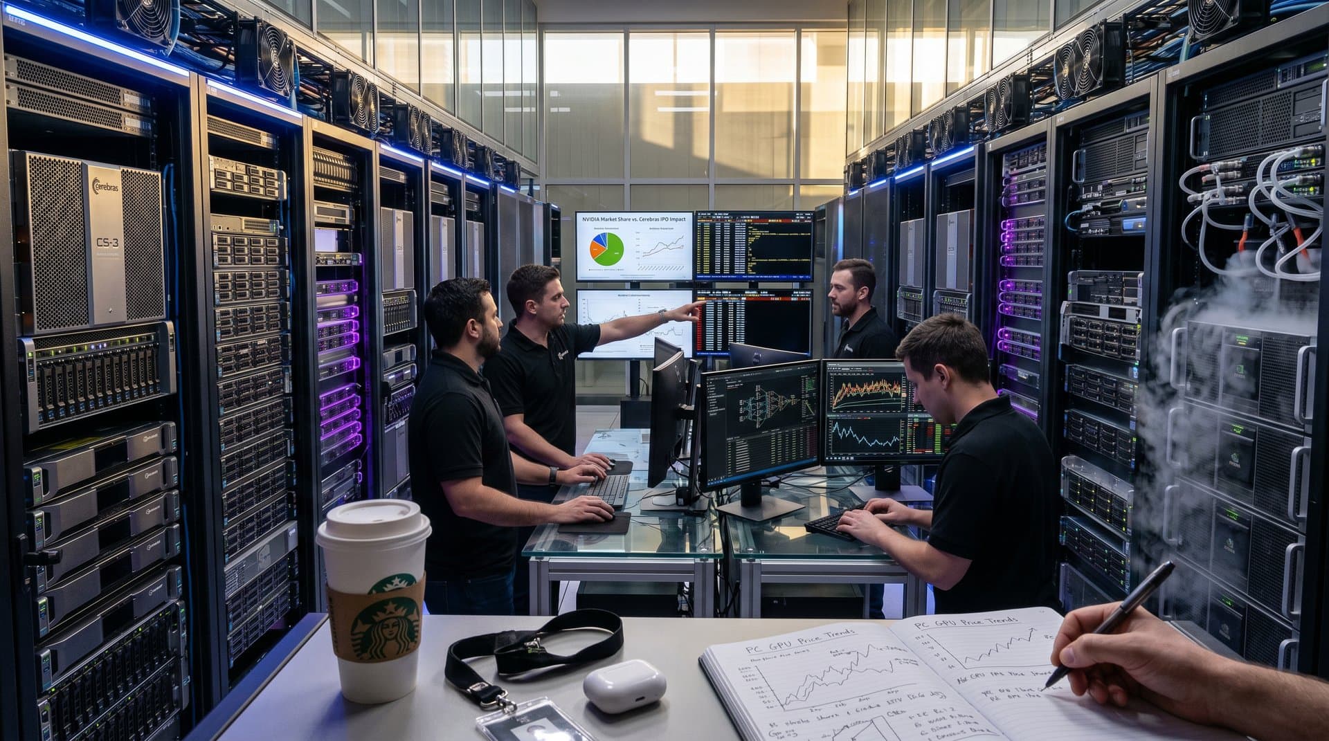 Glowing server racks and holographic AI training graphs in a high-tech data center representing Cerebras IPO impact on AI hardware