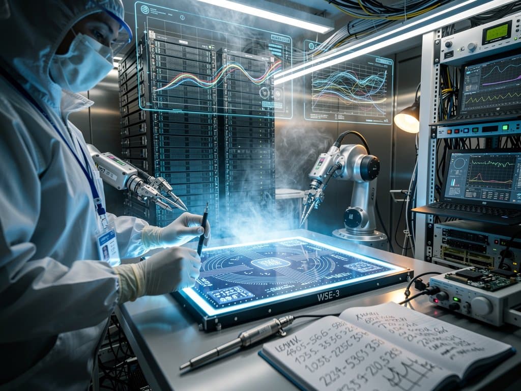 Wafer-scale AI chip assembly in high-tech cleanroom with holographic benchmarks