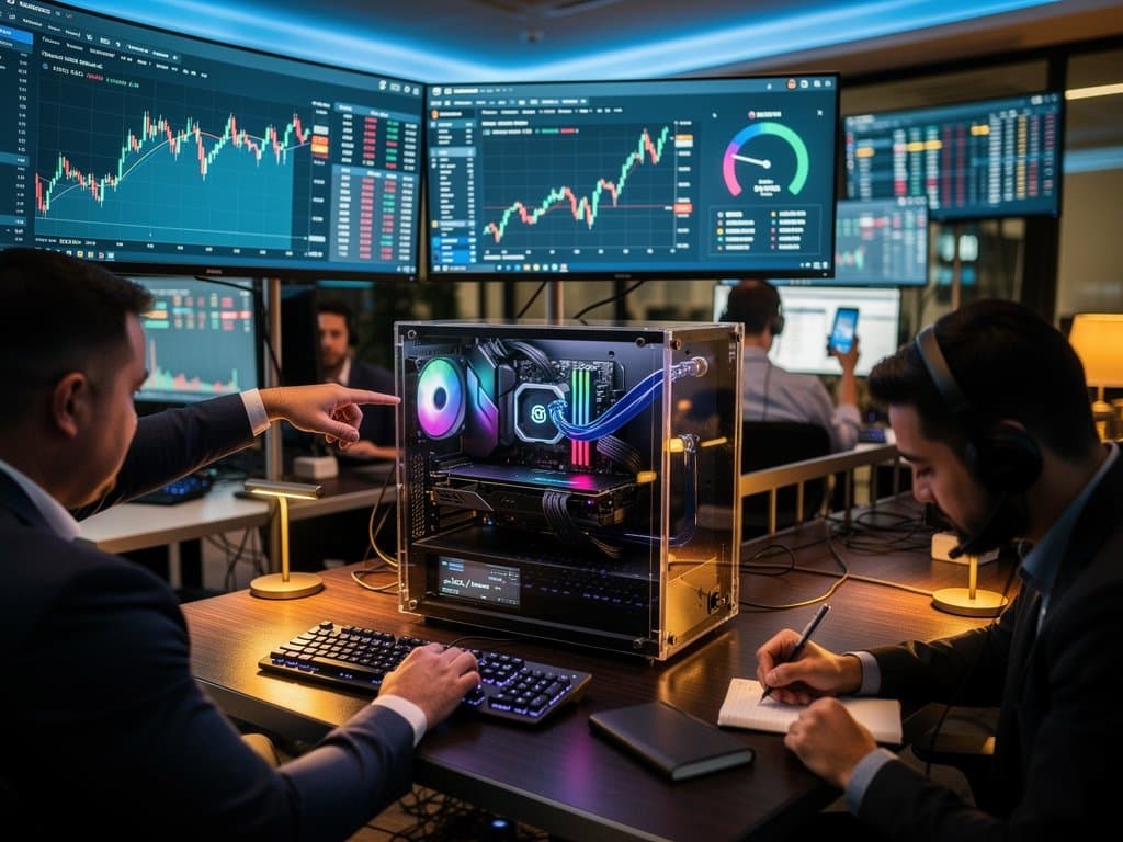 Custom PC trading rig with ultrawide monitors displaying BingX futures charts, BTC price, and market data in cyberpunk style