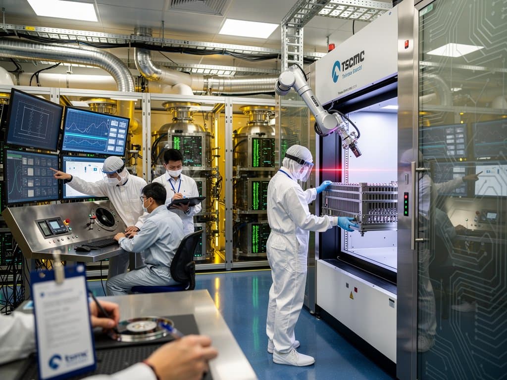 Technicians in cleanroom suits operate ASML High-NA EUV machine amid TSMC fab process tools and monitoring consoles