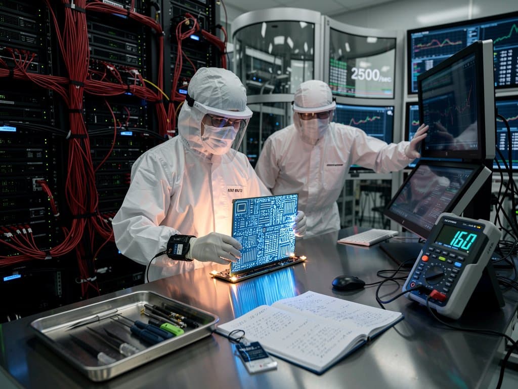 Engineers install Cerebras wafer-scale AI chip in bustling Tier IV data center amid server racks, cooling systems, and benchmark monitors