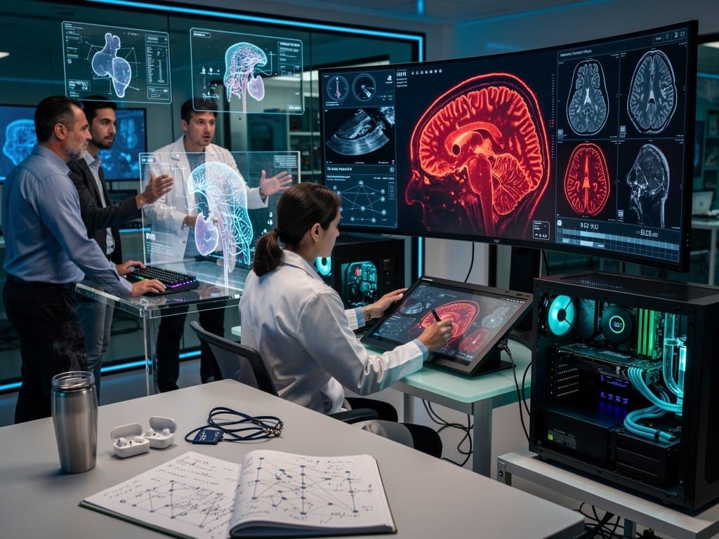 Futuristic medtech AI lab showcasing PC workstations with NVIDIA H100 GPUs and 3D medical imaging displays