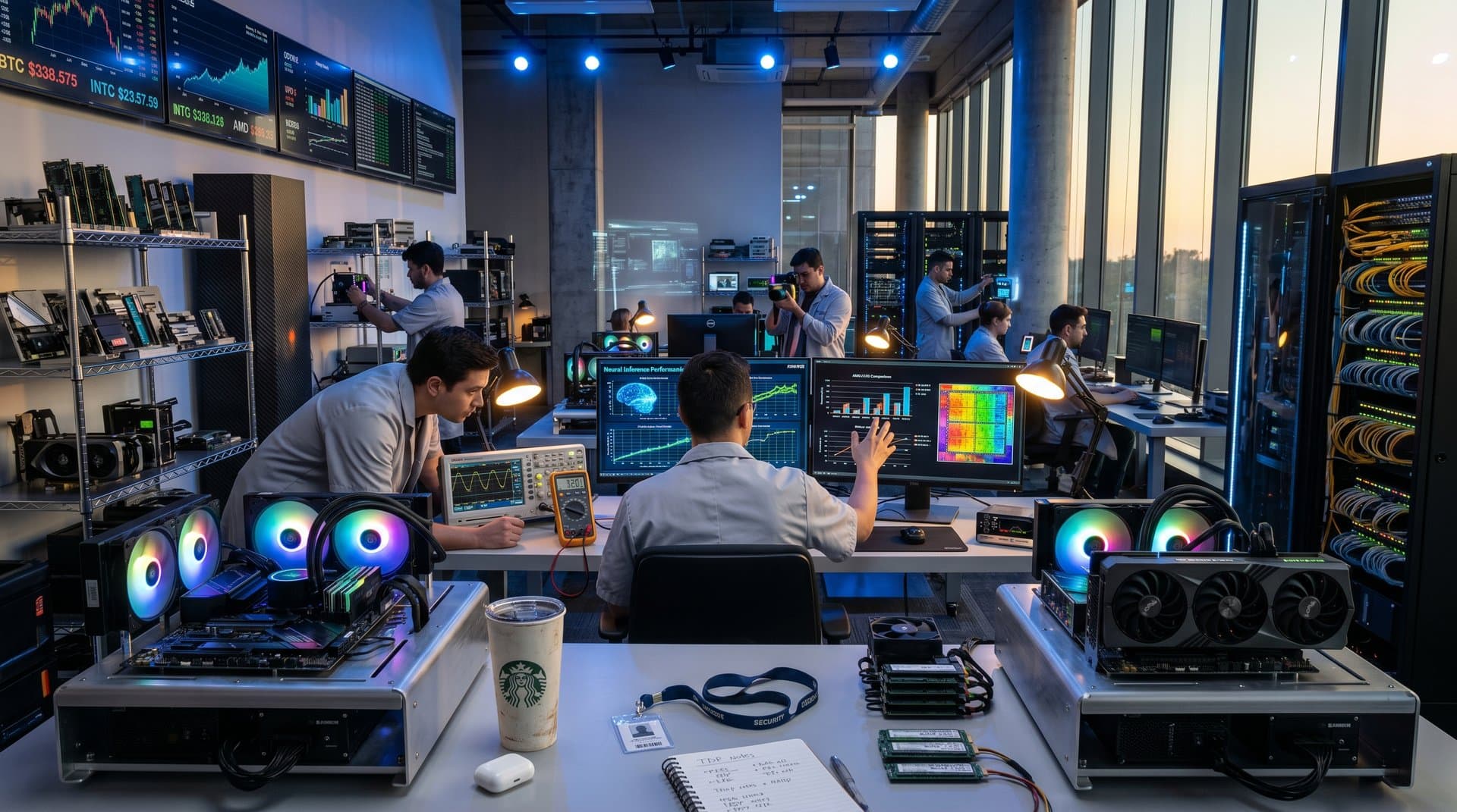 PC hardware lab tests Intel Core Ultra and AMD Ryzen AI rigs with NPU benchmarks and enterprise monitors